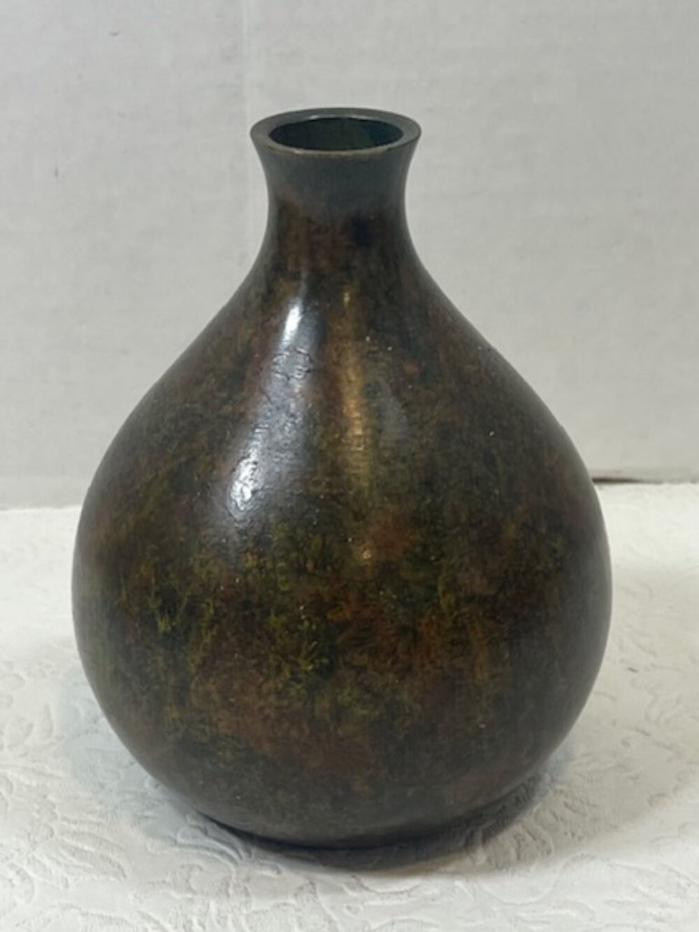 VTG Oriental Bronze Metal Pear Shaped Vase Browns Greens 5" Tall